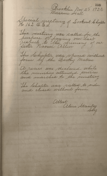 Photo: meeting ledger of the Lookout Chapter of the Order of the Eastern Star, 1920-1933, page 105