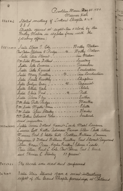 Photo: meeting ledger of the Lookout Chapter of the Order of the Eastern Star, 1920-1933, page 2
