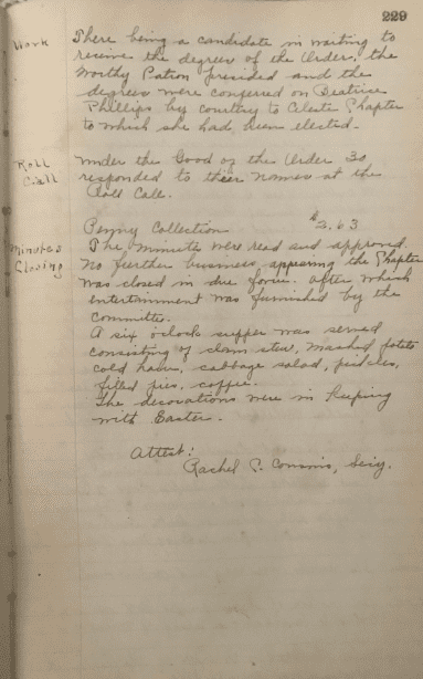 Photo: meeting ledger of the Lookout Chapter of the Order of the Eastern Star, 1920-1933, page 229