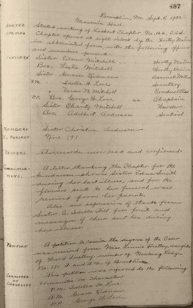 Photo: meeting ledger of the Lookout Chapter of the Order of the Eastern Star, 1920-1933, page 487