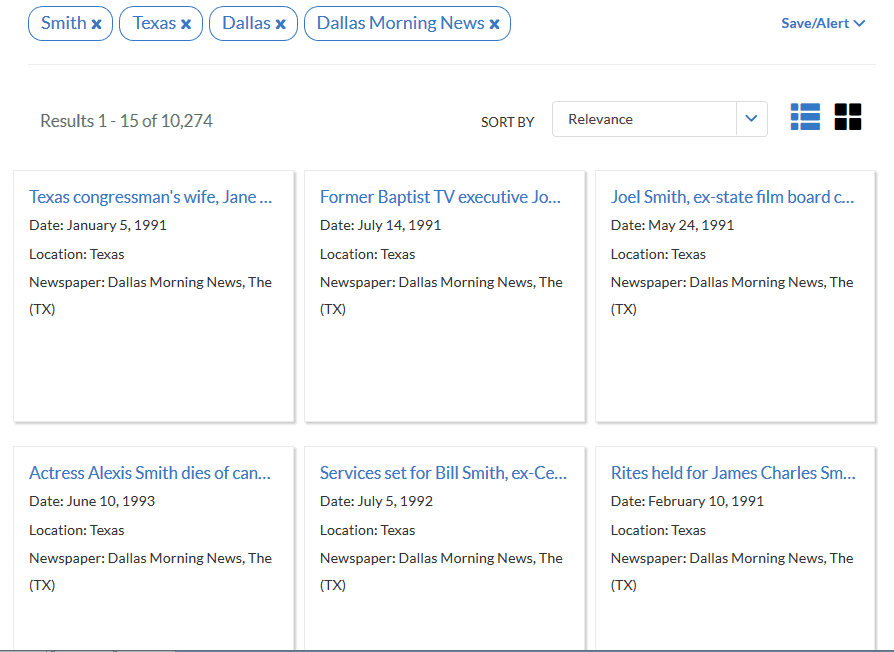 Photo: obituaries for the surname “Smith” from the Dallas Morning News, Recent Obituaries collection