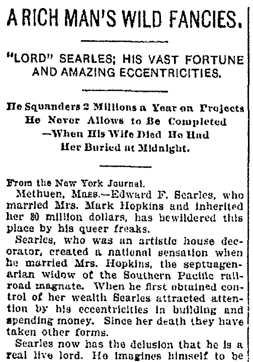 An article about Edward Francis Searles, Kansas City Star newspaper article 8 July 1899