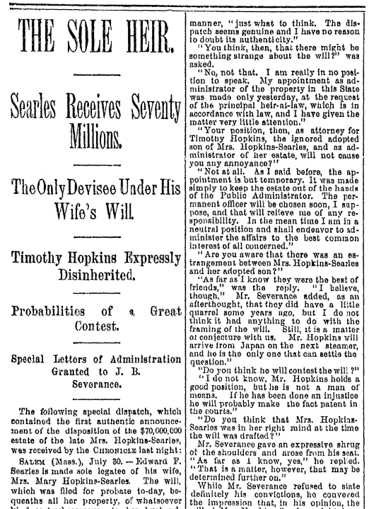 An article about Edward Francis Searles, San Francisco Chronicle newspaper article 31 July 1891