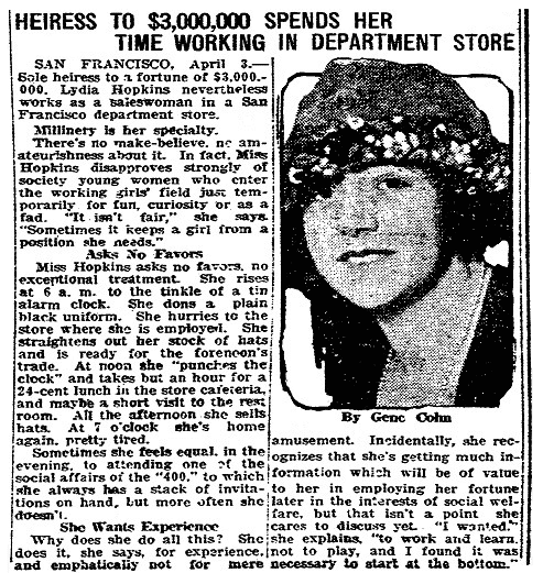 An article about Lydia Hopkins, San Luis Obispo Daily Telegram newspaper article 3 April 1923