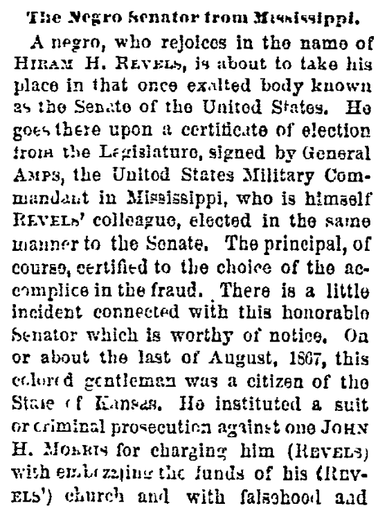 An article about Hiram Revels, Cincinnati Daily Enquirer newspaper article 25 February 1870