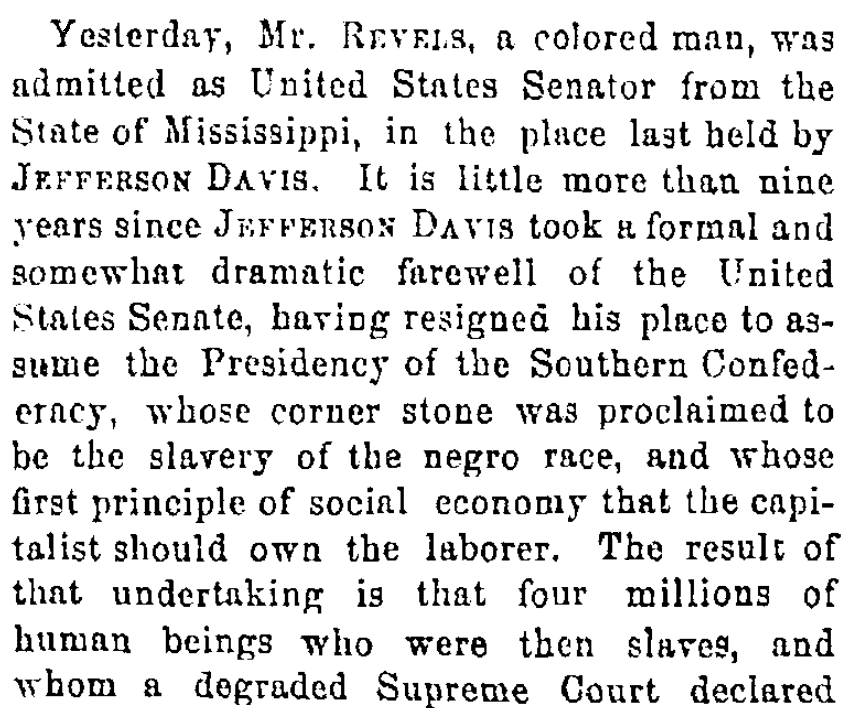 An article about Hiram Revels, Cincinnati Daily Gazette newspaper article 26 February 1870