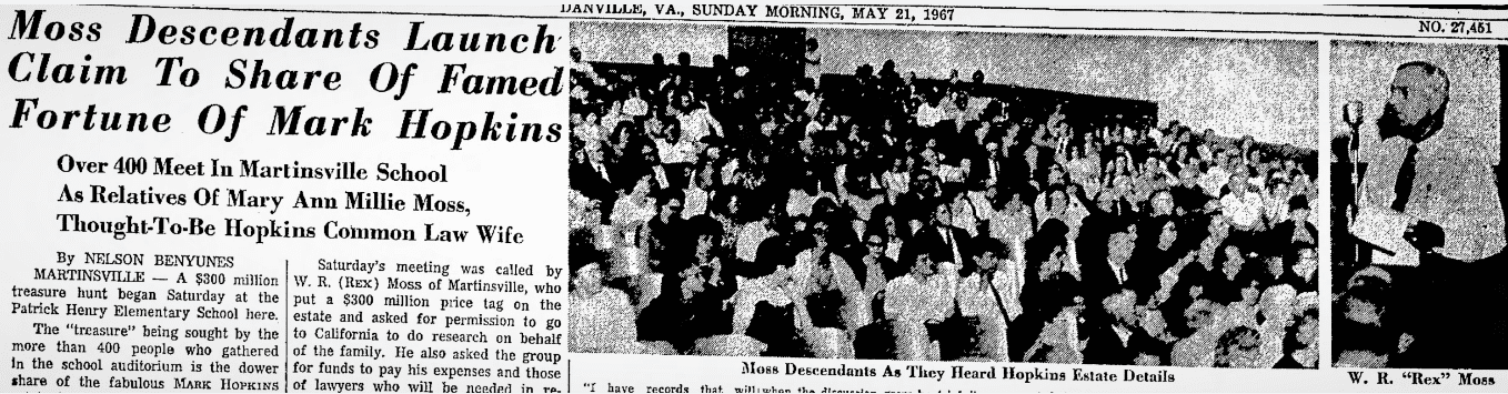 An article about the claims for the fortune left by Mark Hopkins, Danville Register newspaper article 21 May 1967