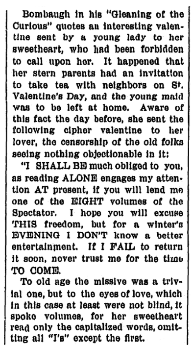 An article about a Valentine cipher, Evening Nonpareil newspaper article 11 February 1911