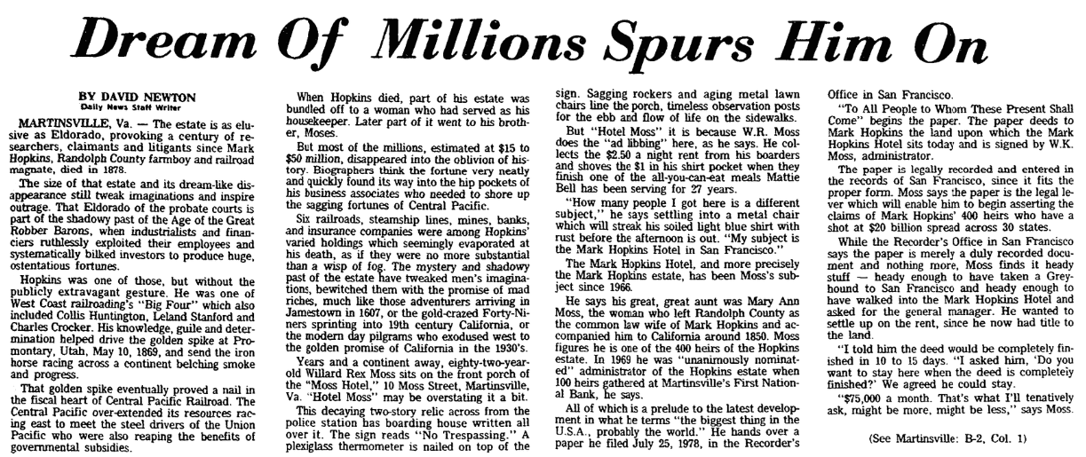 An article about the claims for the fortune left by Mark Hopkins, Greensboro Daily News newspaper article 4 September 1978