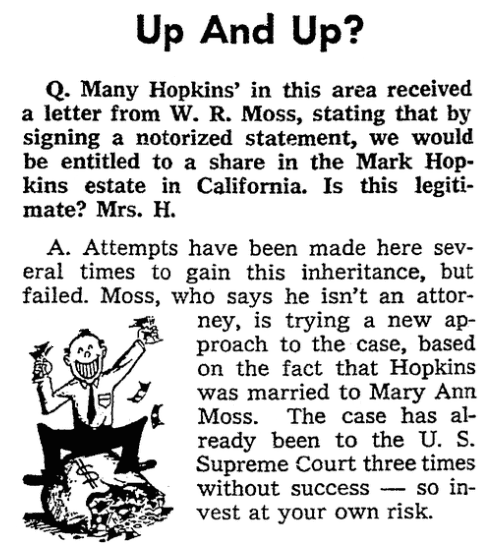 An article about the claims for the fortune left by Mark Hopkins, Greensboro Record newspaper article 17 January 1969