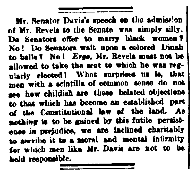 An article about Hiram Revels, New-York Daily Tribune newspaper article 26 February 1870