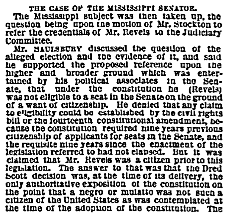 An article about Hiram Revels, New York Herald newspaper article 25 February 1870