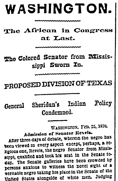 An article about Hiram Revels, New York Herald newspaper article 26 February 1870