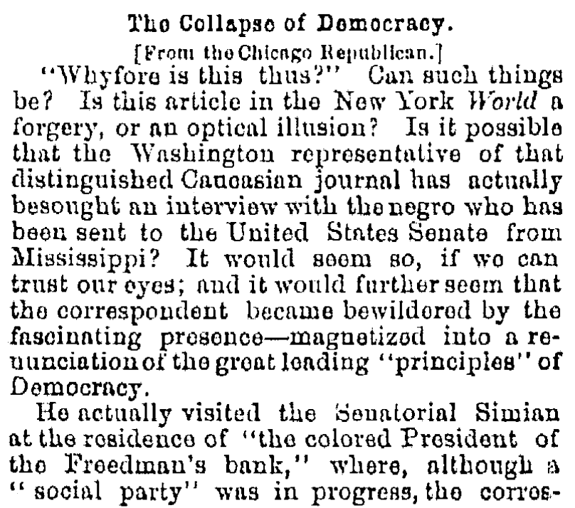An article about Hiram Revels, Oregonian newspaper article 25 February 1870