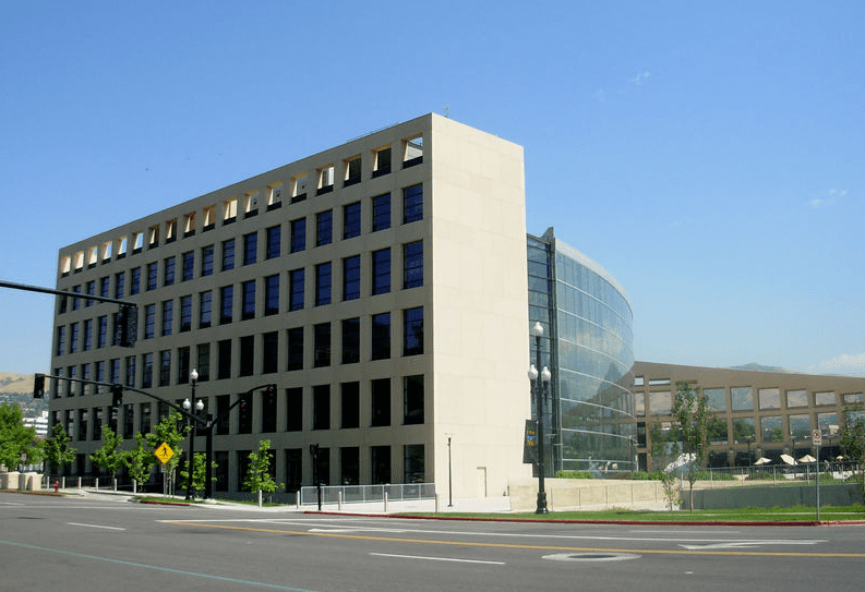 Photo: exterior of the Salt Lake City Public Library’s main branch building’s west side, as seen from 200 East, Salt Lake City, Utah