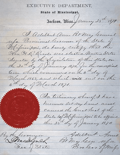 Photo: letter dated 25 January 1870 from the Governor of the State of Mississippi and the Secretary of State of Mississippi that certified the election of Hiram Revels to the United States Senate