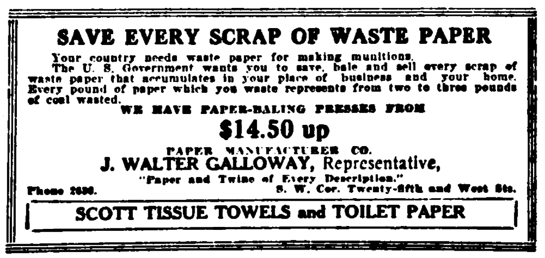 An ad to buy scrap paper, Evening Journal newspaper advertisement 26 September 1918