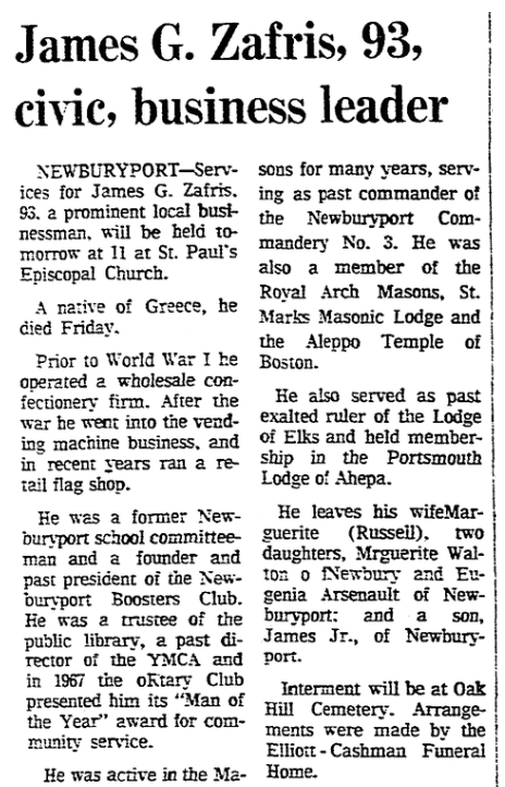 An obituary for James Zafris, Boston Herald newspaper article 9 January 1977