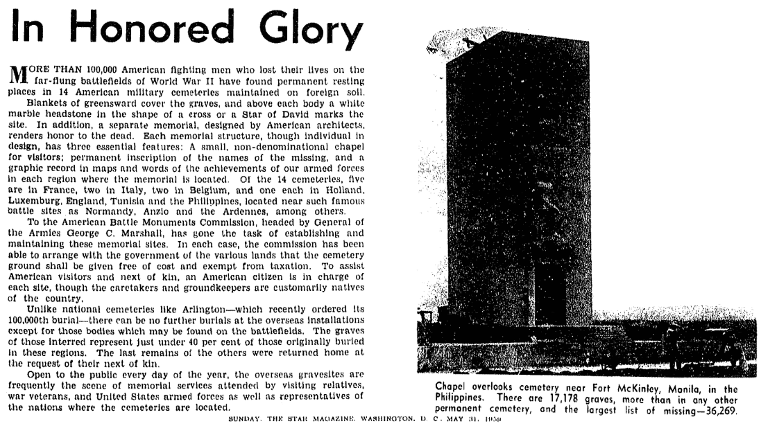 An article about the American Battle Monuments Commission, Evening Star newspaper article 31 May 1959