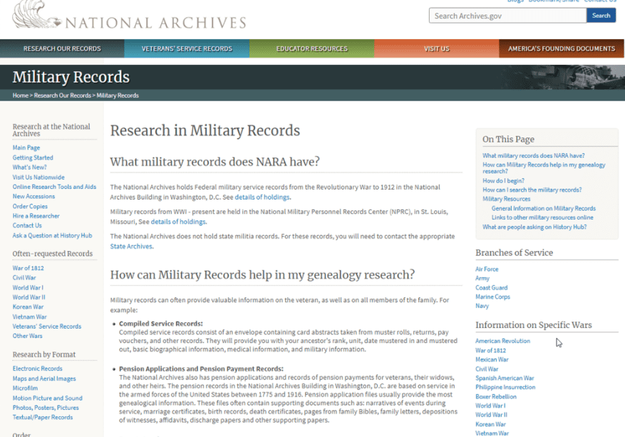 Photo: screenshot of NARA page for military records