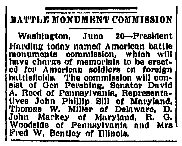 An article about the American Battle Monuments Commission, Springfield Republican newspaper article 21 June 1923