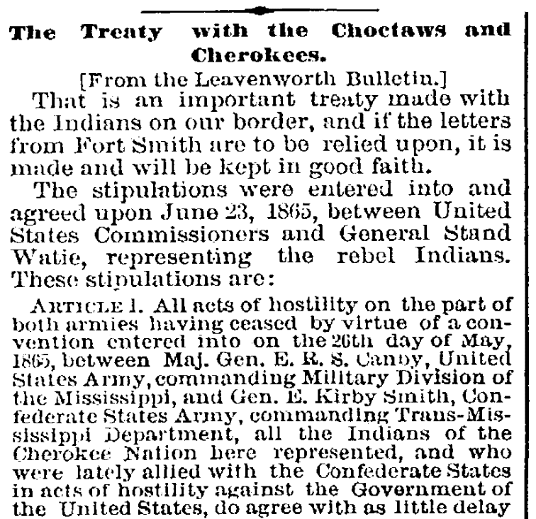 An article about the surrender of the Cherokees at the end of the Civil War, Age newspaper article 1 August 1865