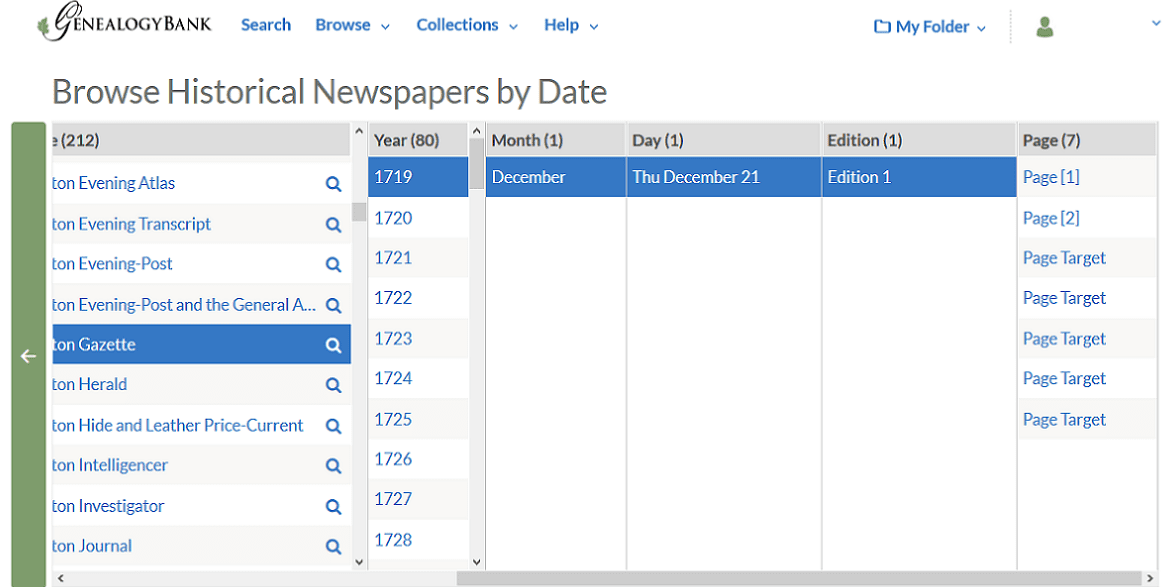 A screenshot of GenealogyBank's search by date feature