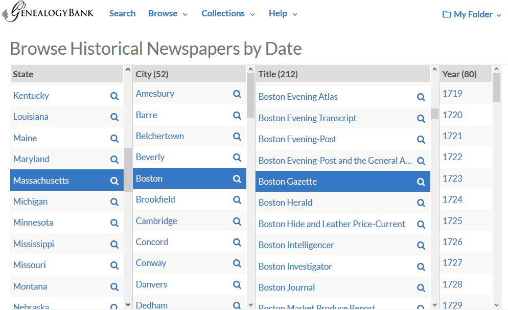 A screenshot of GenealogyBank's search by date feature