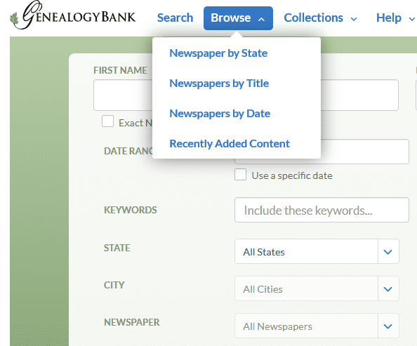 A screenshot of GenealogyBank's search by date feature