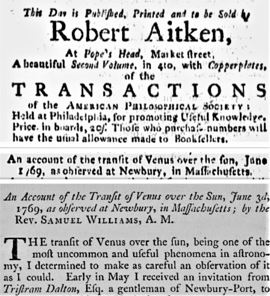 Montage: an ad for William’s transit of Venus account from the Pennsylvania Packet (Philadelphia, Pennsylvania), 8 September 1786, page 3; and from the Transactions of the American Philosophical Society (Philadelphia, Pennsylvania), volume 2, 1786, page 246.