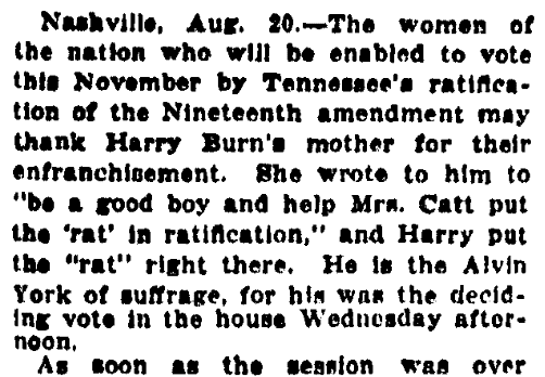 An article about Harry Burn, his mother, and the 19th Amendment, Chattanooga News newspaper article 20 August 1920