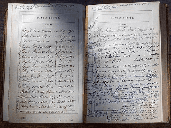 Photo: a family history page from an Antebellum era (pre-Civil War) family Bible dating to 1859. Credit: David Ball; Wikimedia Commons.