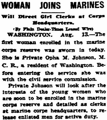 An article about Opha Johnson, Plain Dealer newspaper article 14 August 1918