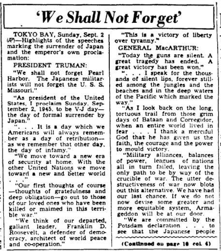 An article about the surrender of Japan in WWII, Augusta Chronicle newspaper article 2 September 1945, excerpts from the speeches