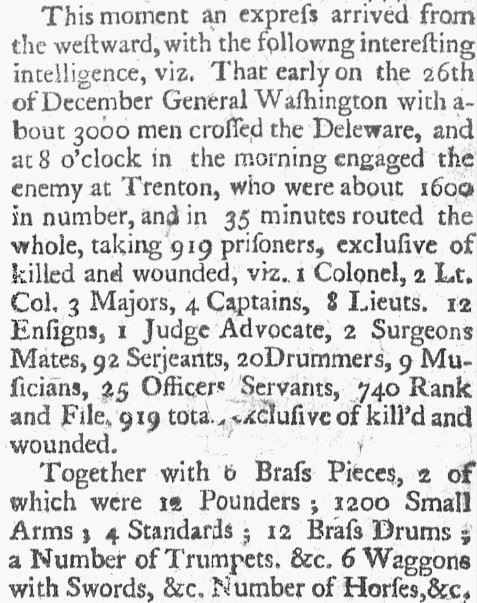 An article about George Washington crossing the Delaware River and the Battle of Trenton during the Revolutionary War, Connecticut Journal newspaper article 1 January 1777