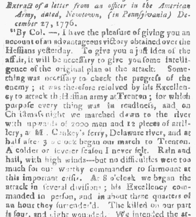 An article about George Washington crossing the Delaware River and the Battle of Trenton during the Revolutionary War, Connecticut Journal newspaper article 8 January 1777