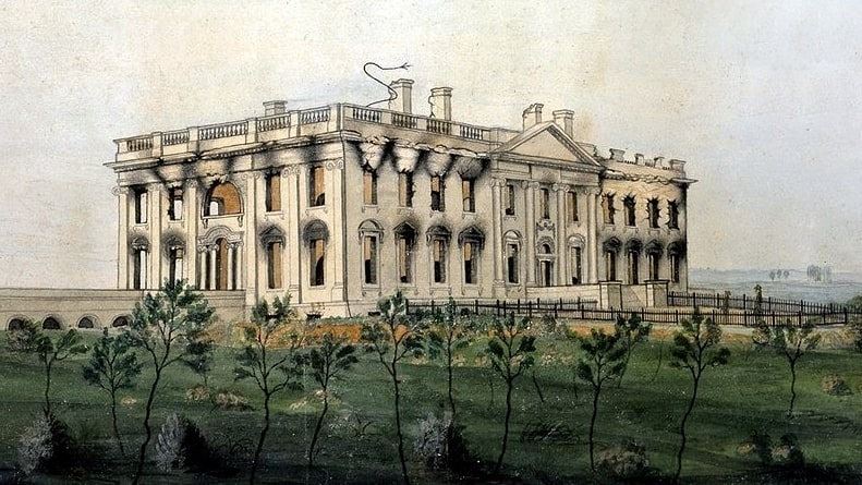 Illustration: the White House as it looked after the British set fire to it on 24 August 1814, by George Munger, 1814-1815