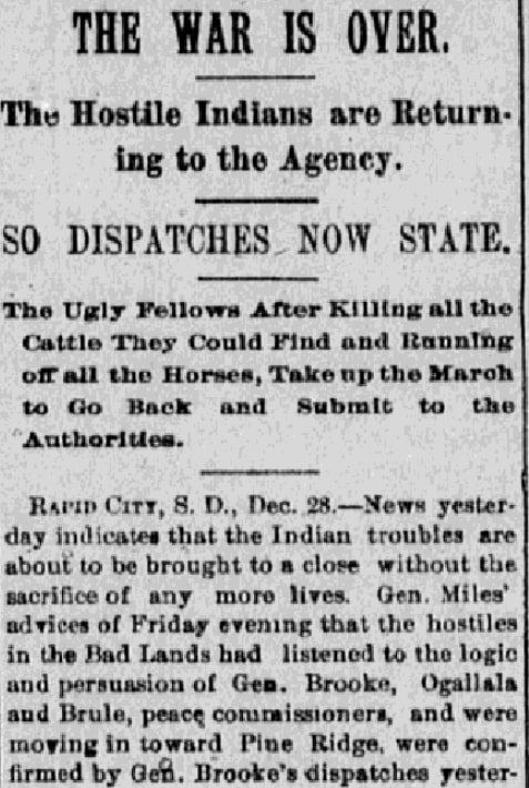 An article about the Wounded Knee Massacre, Knoxville Journal newspaper article 29 December 1890