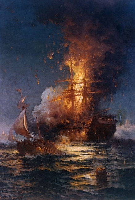 Illustration: “Burning of the Frigate Philadelphia in the Harbor of Tripoli” by Edward Moran
