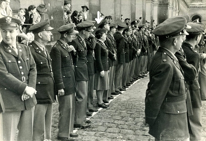 Photo: Camilla Mays Frank (arrow point) awarded the French Croix de Guerre, July 1945