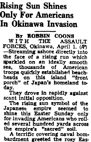 An article about the Battle of Okinawa, Augusta Chronicle newspaper article 2 April 1945