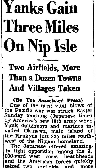 An article about the beginning of the Battle of Okinawa, Augusta Chronicle newspaper article 2 April 1945