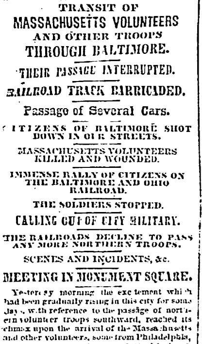 An article about the Baltimore Riot, Sun newspaper article 20 April 1861