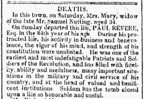 An obituary for Paul Revere, Columbian Centinel newspaper article 18 May 1818