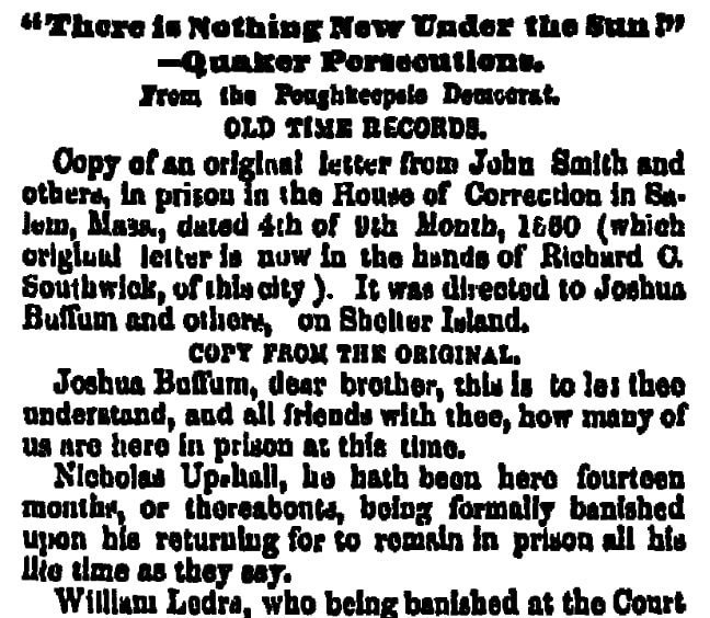 A Quaker letter written in 1660, Albany Evening Journal newspaper article 1 September 1854