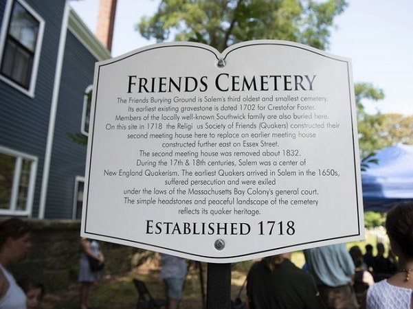 Photo: marker for the Friends Burial Ground on Essex Street in Salem, Massachusetts. Credit: Ryan McBride; Salem News.