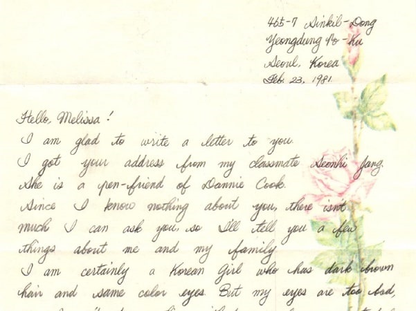 Photo: pen pal letter to Melissa Edwards from her Korean pen pal. Courtesy of Melissa Edwards.