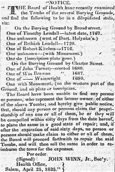 An article about tombs in Salem, Massachusetts, Salem Gazette newspaper article 25 April 1835