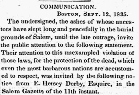 The introduction to an article about tombs in Salem, Massachusetts, Salem Gazette newspaper artlicle 15 September 1835