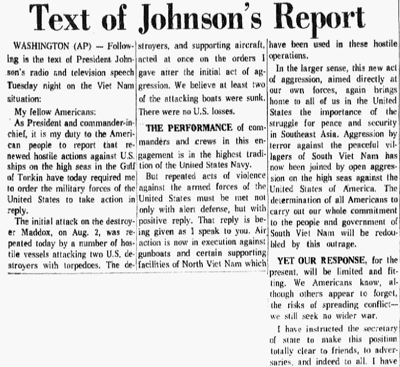 An article about the Vietnam War, Dallas Morning News newspaper article 5 August 1964